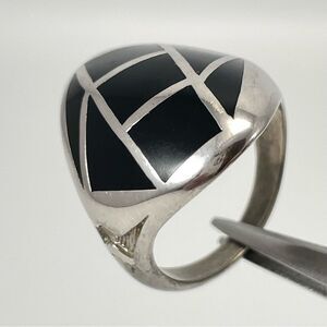 Vintage Silver Tone Black Enamel Abstract Ring Band Statement Sz 9 Fashion Boho